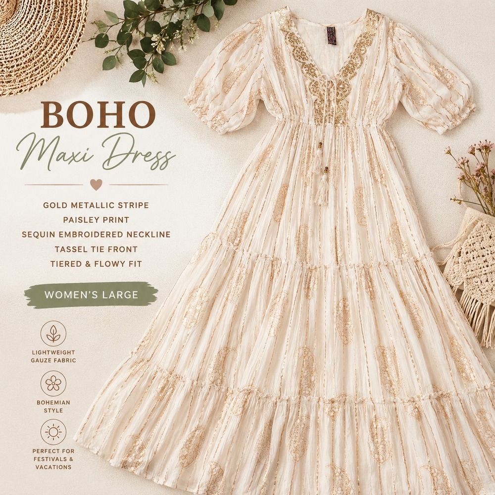 Me 2 Magic Boho Maxi Dress L Gold Metallic Paisley Tiered Cottagecore